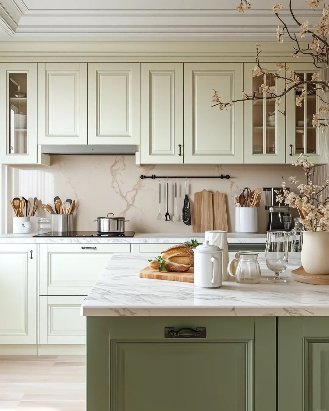 Pale mint green kitchen cabinets with a dark sage green marble-top island.