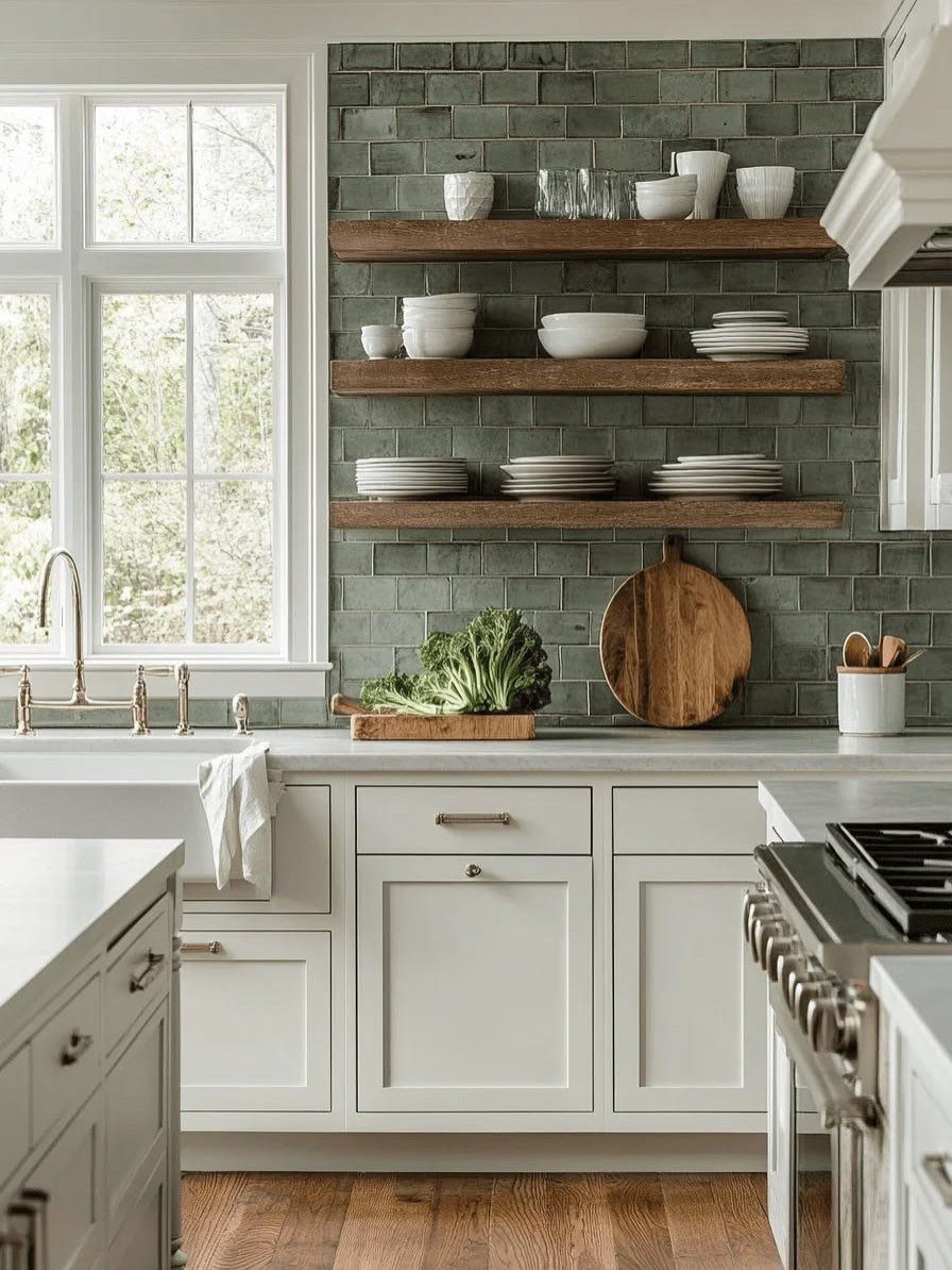 Wooden open shelves with white dishware against a green tiled kitchen backsplash.