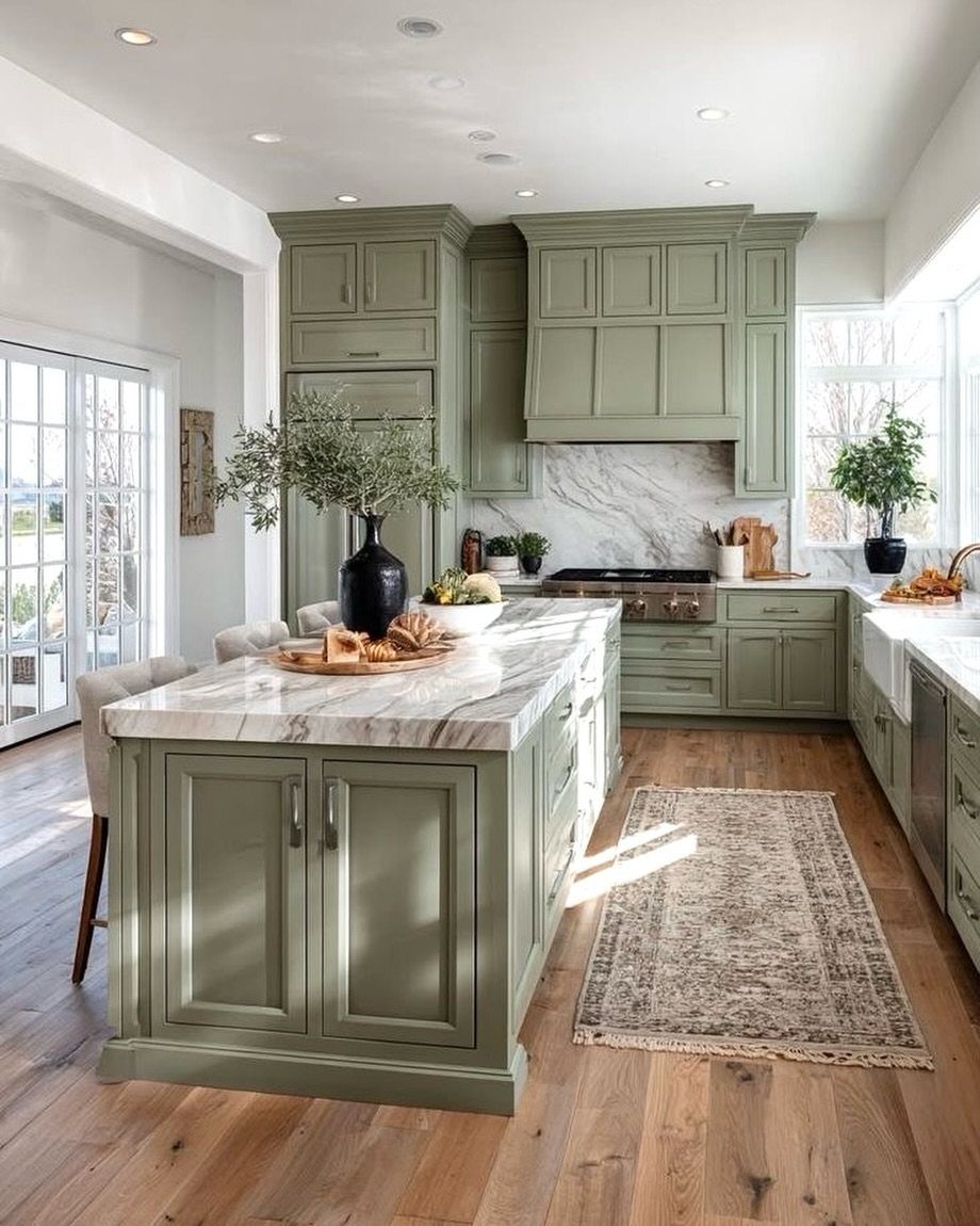 Sage green kitchen cabinets with white marble countertops and light wood floors.