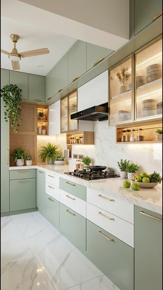 Sage green and white kitchen cabinets with white marble countertops and gold hardware.