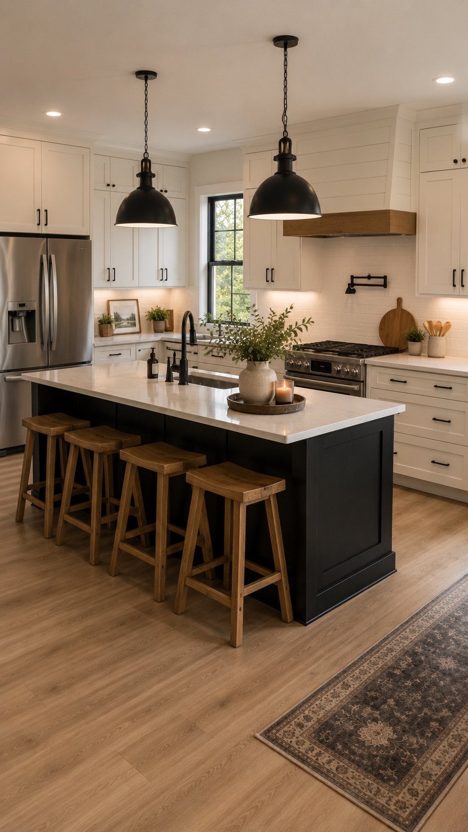 Modern kitchen with white cabinets, black island, white countertops, and black pendant lighting.