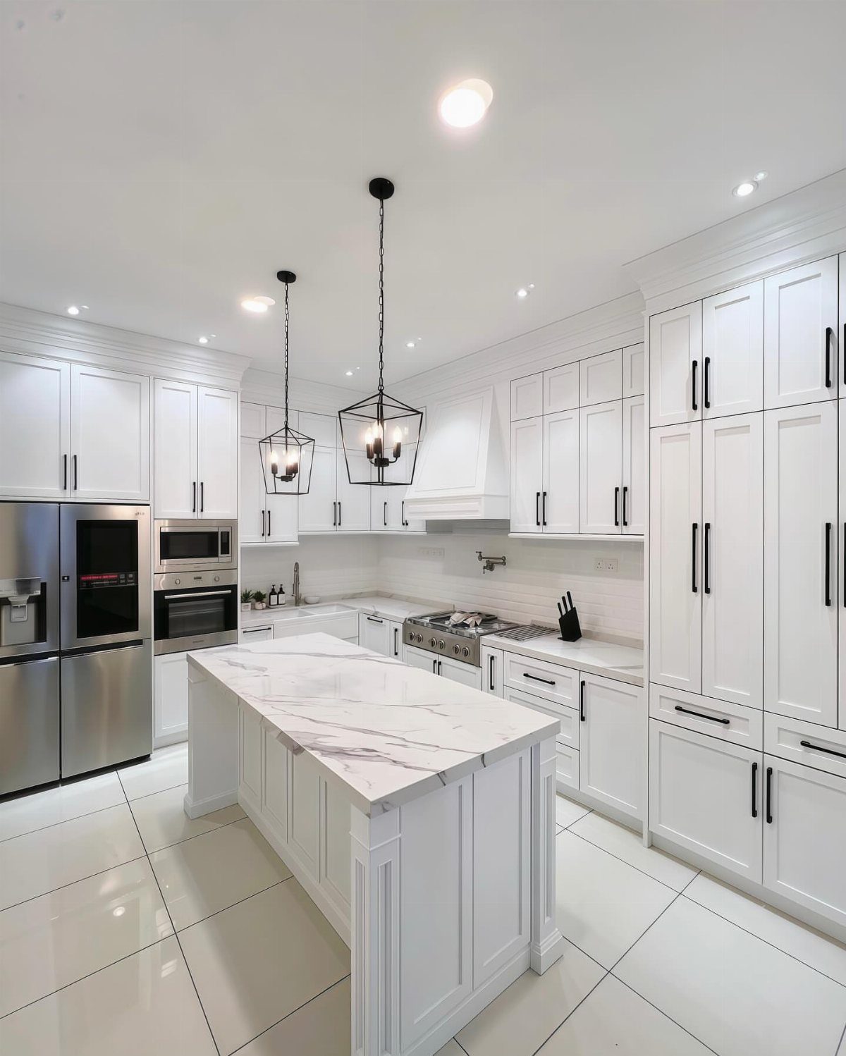 White shaker kitchen cabinets with long black oversized pulls and marble countertops.