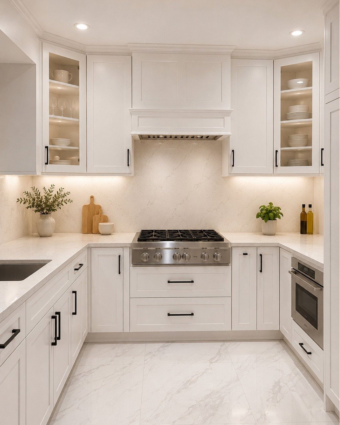 White shaker kitchen cabinets with satin black hardware and white marble surfaces.