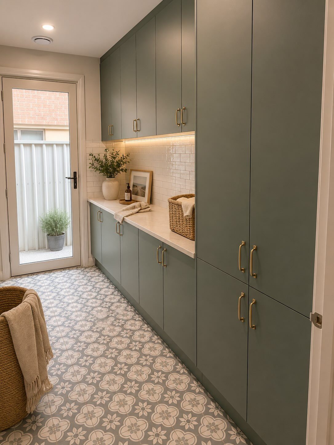 White subway tile backsplash between sage green cabinets and a white countertop.