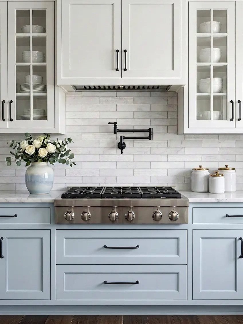 White marble subway tile backsplash in a kitchen with light blue cabinets.