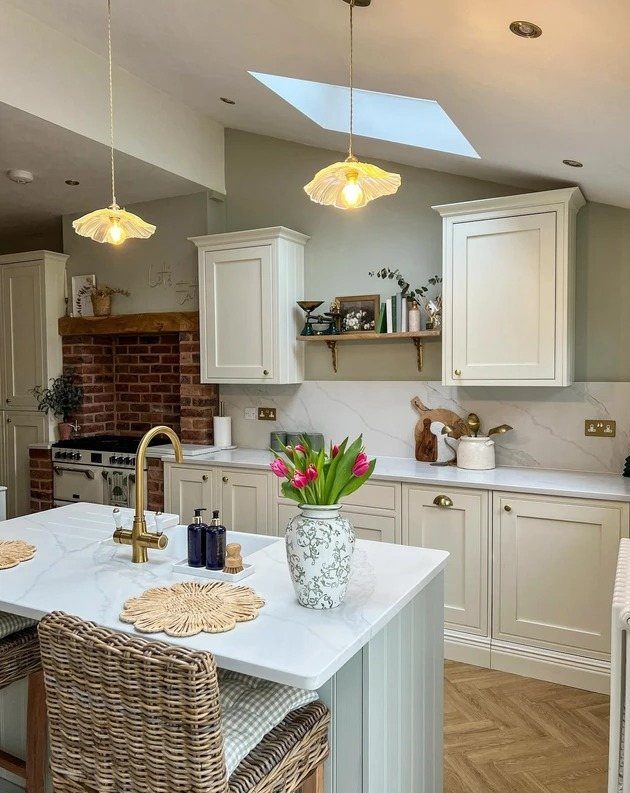 Sage green kitchen walls with white cabinets, marble countertops, and pink tulips.