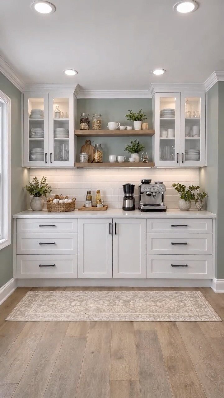 White kitchen cabinets against soft gray walls with wooden shelves and light flooring.