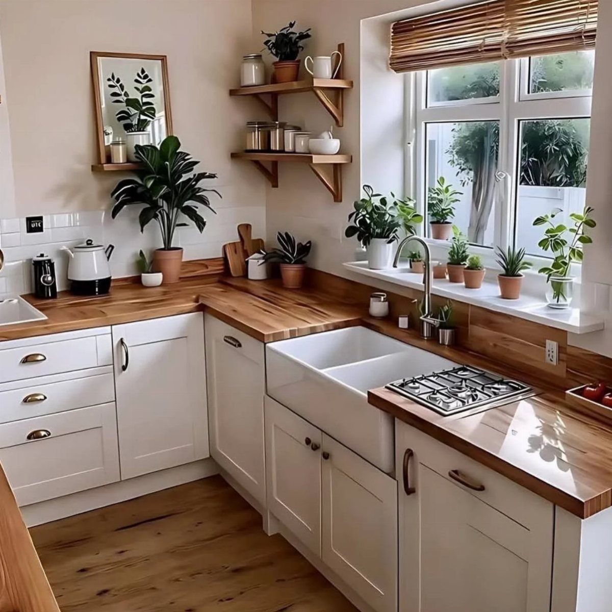 Beige kitchen walls with white cabinets, wooden countertops, and potted indoor plants.
