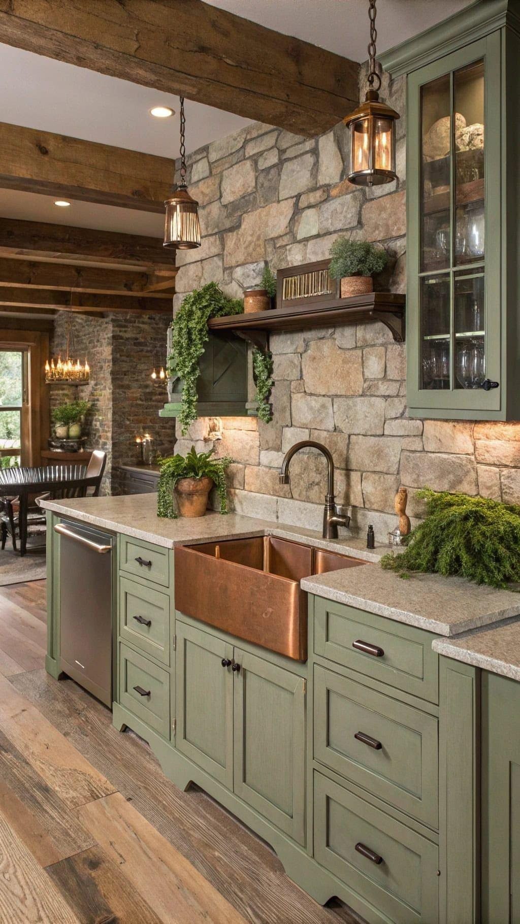 Sage green kitchen cabinets and copper sink above distressed light wood flooring