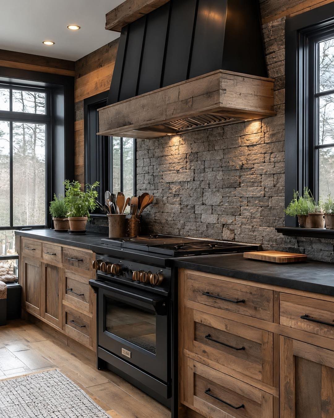 Rustic kitchen with wood cabinets, dark countertops, black hardware, and stone backsplash.
